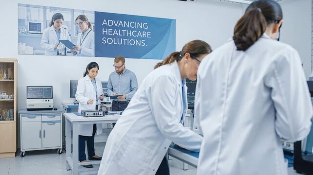 Laboratory scientist testing wearable biosensor medical device for patient monitoring clinical research and prototype evaluation advancing healthcare
