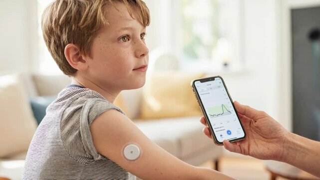 Young child wearing wearable biosensors patch upper arm monitored by smartphone app showing glucose monitoring graph and caregiver assisting with