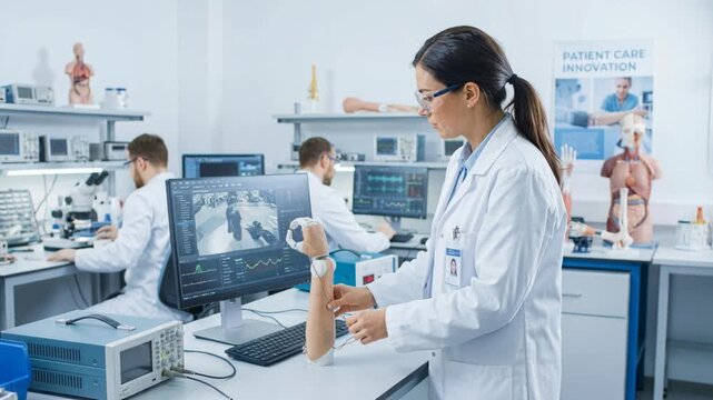 Wearable biosensors prosthetic limb testing in clinical laboratory for monitoring vital signs and motion by researchers and engineers