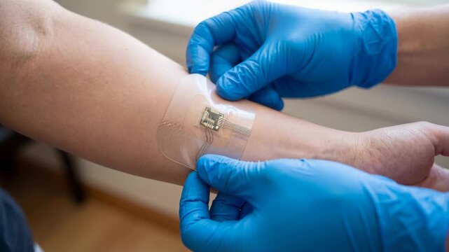 Wearable biosensor patch forearm monitoring health and vital signs with adhesive transparent sensor applied by gloved hands for wrist clinical