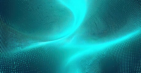Obraz premium Abstract teal background. Dots create flowing wave effect. Digital design, futuristic aesthetic, dark borders present.