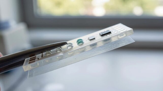 Flexible wearable biosensor microfluidic strip with microchip electrode sensor for real time sweat analysis, tweezers held closeup clinical monitoring