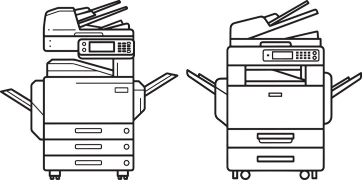 Modern black and white line art vector illustrations of two office copiers, ideal for business and technology concepts.