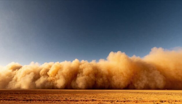 massive haboob dust storm wall moving across a flat horizon for world meteorological day and extreme desert weather phenomenon