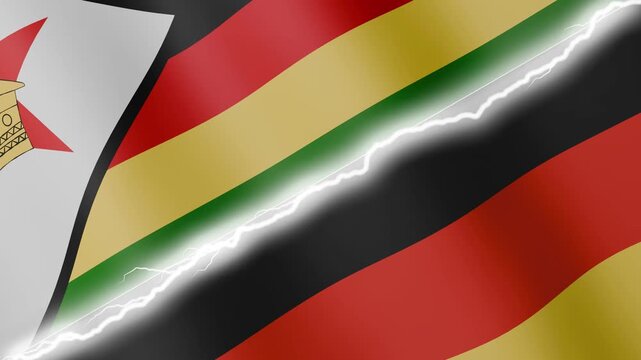 Two waving flags Zimbabwe and Germany with diagonal lightning seamless, 4k loop