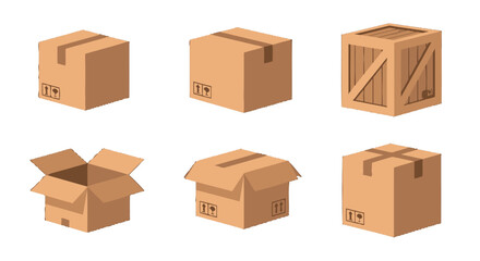 Fototapeta premium Isometric brown cardboard boxes and wooden crate set various states shipping symbols.
