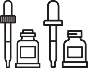 Obraz premium Droppers and small bottles, laboratory equipment, medical or cosmetic supplies, black and white outline vector illustration