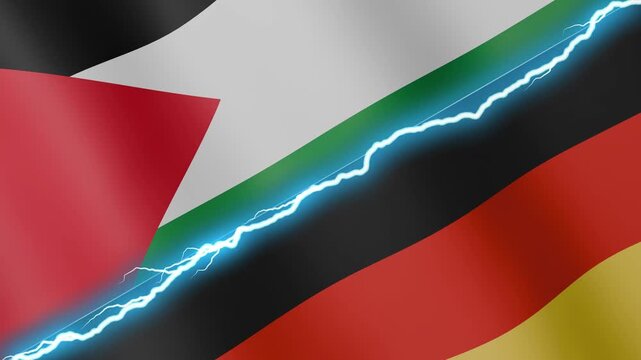Two waving flags Palestine and Germany with diagonal lightning seamless, 4k loop
