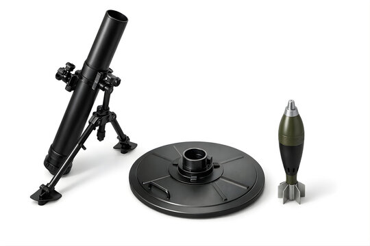 Modern Disassembled Mortar System Isolated on White Background
