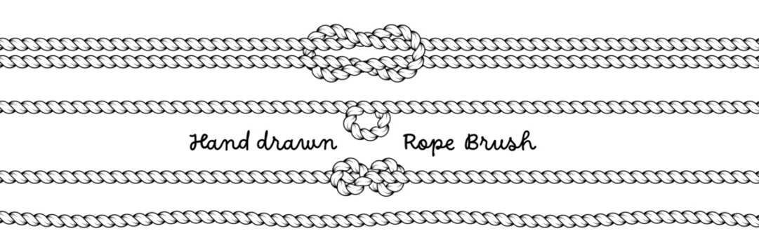 Hand drawn rope brush dividers. Braided cord horizontal borders with decorative knots and loops. Vector nautical line elements.