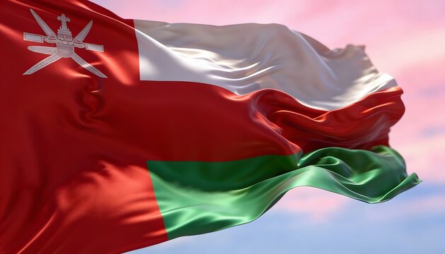 Oman national flag waving against soft pastel sky background
