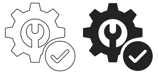 Service Configuration and Maintenance Gear Icon with Wrench and Checkmark Outline Vector © Graphicdsrv