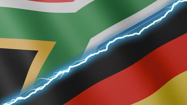Two waving flags South Africa and Germany with diagonal lightning seamless, 4k loop