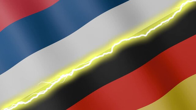 Two waving flags Serbia and Germany with diagonal lightning seamless, 4k loop