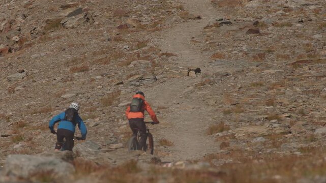 Two mountain bikers passing by and riding over a late-season snow patch on an alpine trail in Saas-Fee, Swiss Alps. Unique summer-meets-winter contrast, dynamic action, cinematic mountain adventure.