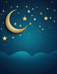 Naklejka premium Golden crescent moon and stars adorn a dreamy night sky.