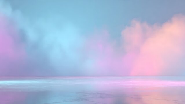 Empty studio background with reflective floor and pastel gradient blue, pink, and purple fog.