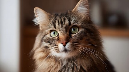 Obraz premium Close up portrait of a beautiful long haired tabby cat with striking green eyes