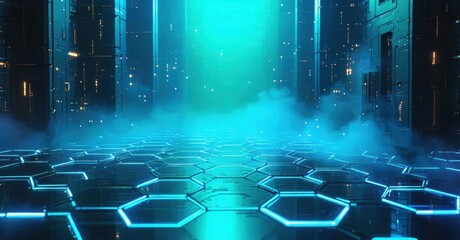 Futuristic corridor glows with vibrant blue light. Hexagonal floor patterns lead toward distant bright source, obscured by mist. Digital aesthetic dominates scene.