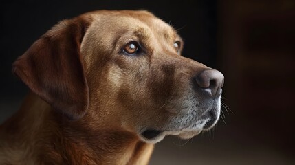 Close up profile portrait of a golden retriever dog with attentive eyes and soft lighting