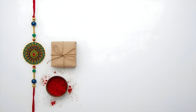 Raksha Bandhan Rakhi with Gift Box and Roli Tilak on White Background