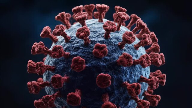 Close-up view of a coronavirus particle showing spike proteins and molecular structure.