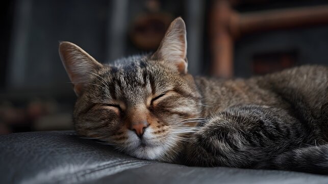A close up atmospheric portrait of a tabby cat sleeping soundly on a dark surface
