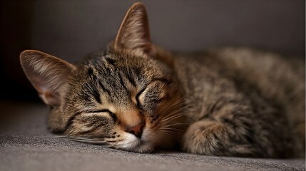 A close up intimate portrait of a peaceful tabby cat sleeping soundly on a soft textured sofa bathed in warm ambient light