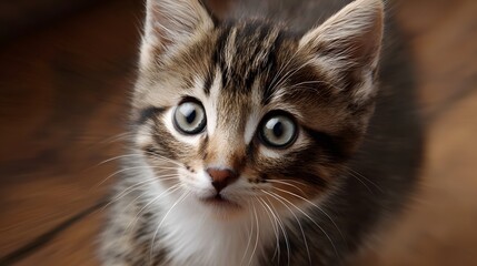 A curious young tabby kitten with wide expressive eyes stares directly into the with a blurred motion background