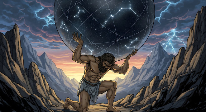 Mythological titan Atlas kneeling and holding a celestial sphere with constellations amidst a stormy mountain landscape