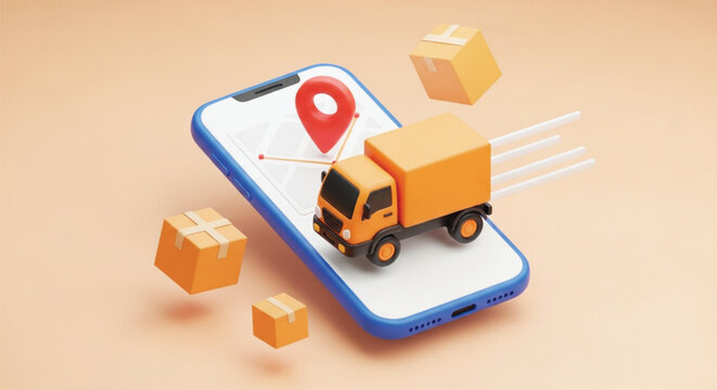 3D illustration shows a smartphone with a map on its screen and a red location pin. An orange delivery truck and packages appear to be emerging from the phone, symbolizing online shopping and delive