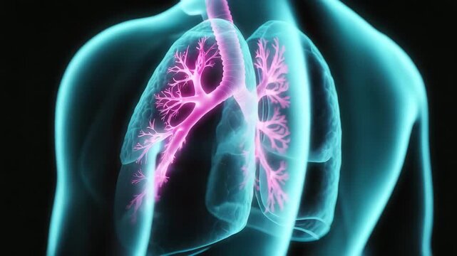 Human lungs glowing pink and blue in transparent chest