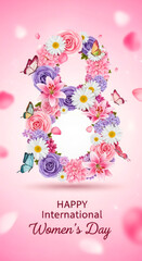 8 march, happy womens day greeting. Big number eight with spring flowers and leaves on pink background