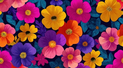 A vibrant and colorful floral pattern with various flowers and leaves