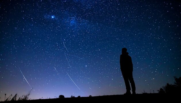 Silhouette of a person gazing at a starry night sky with meteors.