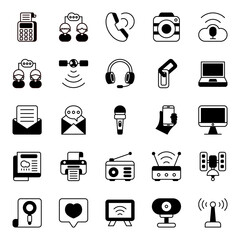 Communication icon collection Isolated on white. Containing Billing, camera, mail, message. Glyph icon style