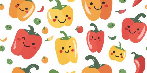 Fototapeta premium Cute smiling bell pepper characters seamless pattern