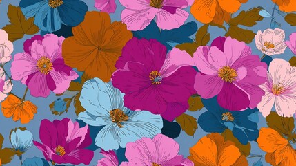 A vibrant floral pattern featuring colorful flowers on a blue background