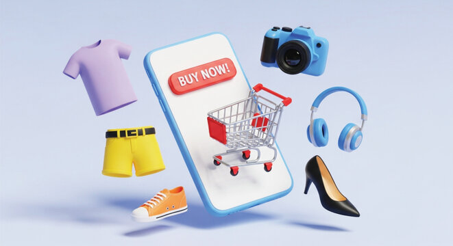 3D illustration shows a smartphone with a "Buy Now!" button. Surrounding it are items like a cart, camera, shoes, headphones, and clothes, symbolizing online shopping.
