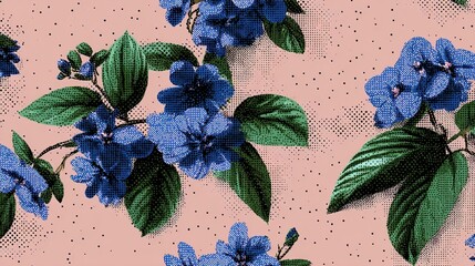 A beautiful floral pattern with blue flowers and green leaves on a pink background