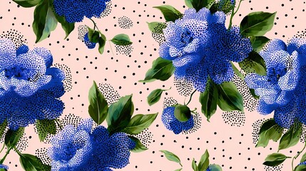A vibrant floral pattern featuring blue flowers on a pink background