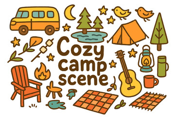 Naklejka premium Cozy Camp Doodle. Cozy camp scene. Hand-drawn doodle illustration of cozy camp scene. Camper van, campfire,