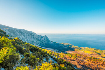 Obraz premium Panoramic view from Skywalk Biokovo glass platform overlooking Makarska Riviera, Adriatic sea and islands, Biokovo Nature Park, Croatia.
