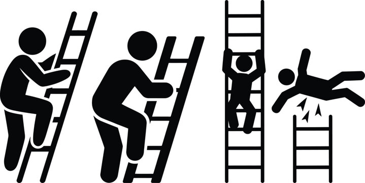 Illustration of various scenarios involving ladders and safety precautions