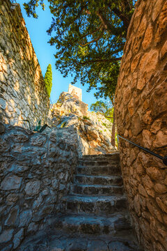 Omis old town and the Adriatic sea from the historic Mirabella fortress, terracotta roofs and the Cetina river in Croatia.