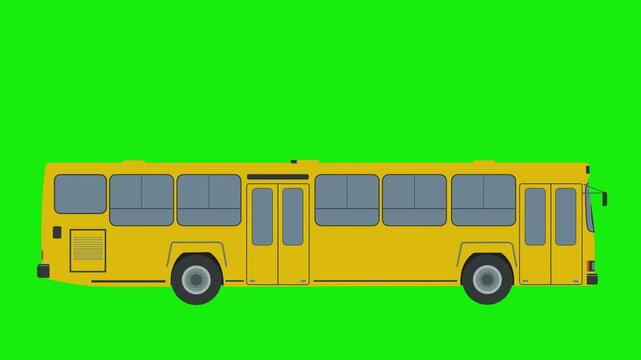 Yellow school bus cartoon animation driving on a bright green screen background. Perfect for educational videos, back to school themes and chroma key compositing. High quality flat vector art.