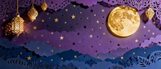 Fototapeta premium Eid Mubarak celebration with golden lanterns and full moon