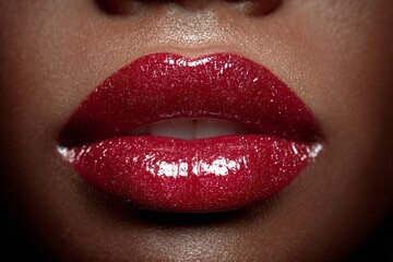 Fototapeta premium The close-up features a beautiful black woman with glossy red lips, her black skin radiating timeless elegance and sophistication
