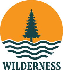 Verdant evergreen tree rises from deep blue waves against a bright orange sunset invoking adventure tshirt design vector design eps 10 