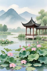 Naklejka premium Lotus pond in summer, pink lotus flowers blooming, pavilion by the water, distant misty mountains, elegant shan shui watercolor style
